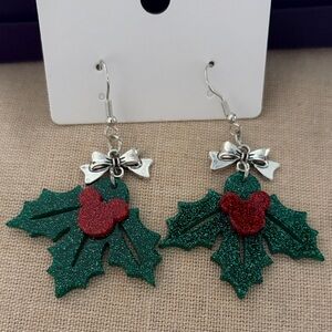 New Mickey Festive holly Green and Red Earrings with Silver Accents